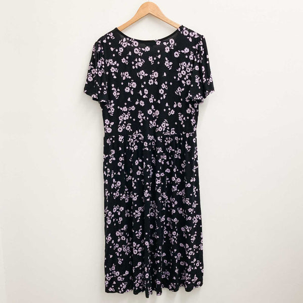 Evans Black & Lilac Floral V-Neck Short Sleeve Midi Dress UK 16 