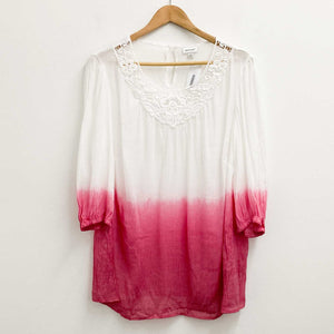 Avenue White & Pink Gradient Lace Detail 3/4 Sleeve Top UK 16