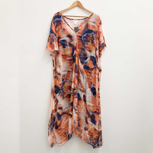 Avenue Orange Mix Print V-Neck Sheer Overlay Maxi Dress UK 22/24