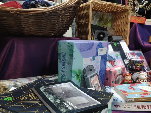 Preloved gifts on a table ready for Christmas shoppers in Gateshead