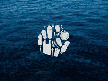 plastics in ocean graphic on sea background