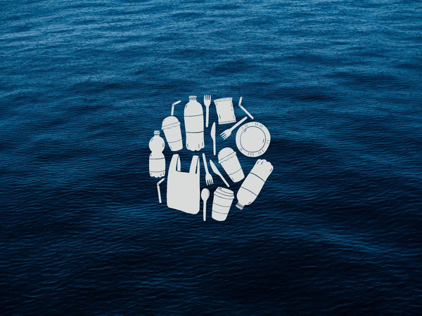 plastics in ocean graphic on sea background