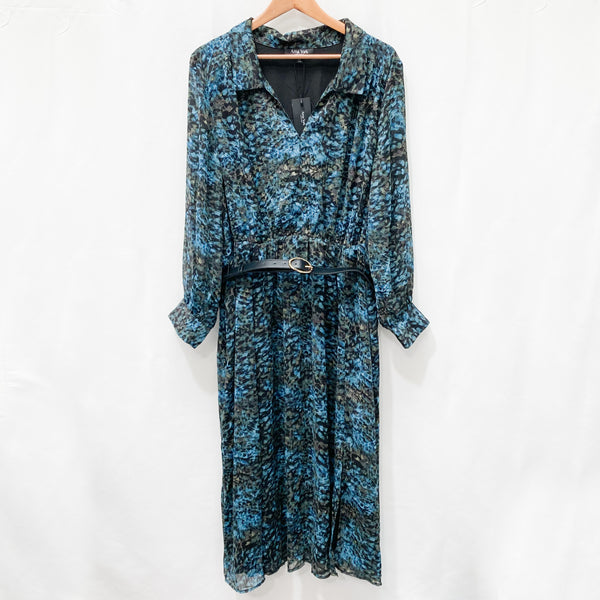 Arna York by City Chic Teal Print Belted Long Sleeve Midi Dress UK 22/24