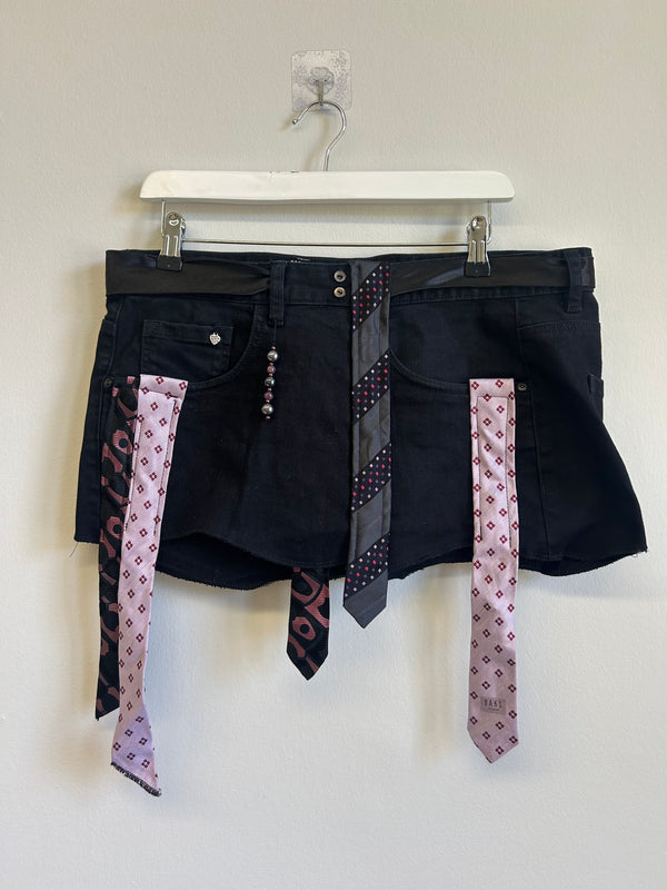 Upcycled Black Denim Tie Mini Skirt One Size