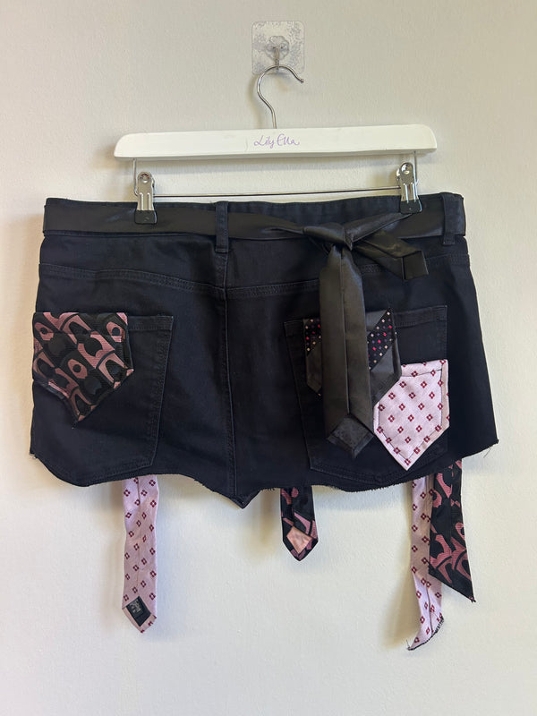 Upcycled Black Denim Tie Mini Skirt One Size