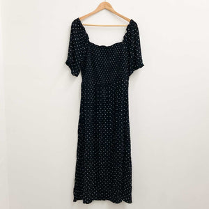Evans Black Spot Print Shirred Short Sleeve Maxi Dress UK 14 
