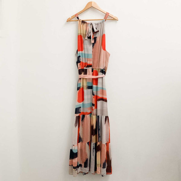 City Chic Abstract Paint Print Halter Neck Tiered Maxi Dress UK 18