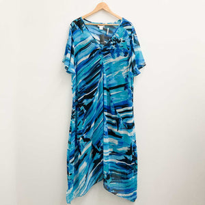 Avenue Turquoise Blue Print V-Neck Asymmetrical Hem Maxi Dress UK 22/24