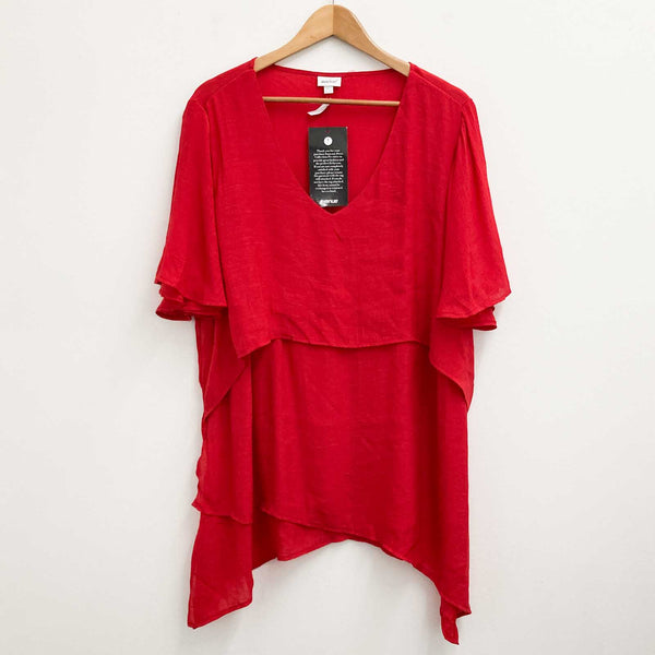Avenue Red Layered V-Neck Flutter Sleeve Tunic Top UK 22/24