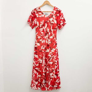 Lily Ella Red Floral V-Neck Short Sleeve Bias Cut Midi Dress UK 12