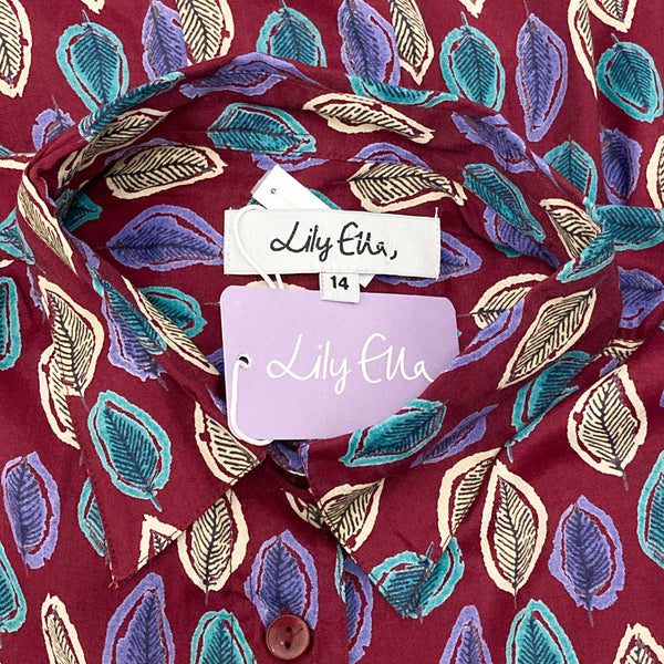 Lily Ella Long Sleeve Leaf Print Burgundy Blouse UK 14 