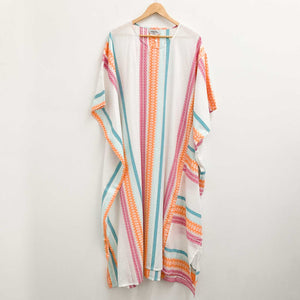 Lily Ella White Multi Patterned Stripe Cotton Kaftan Dress One Size