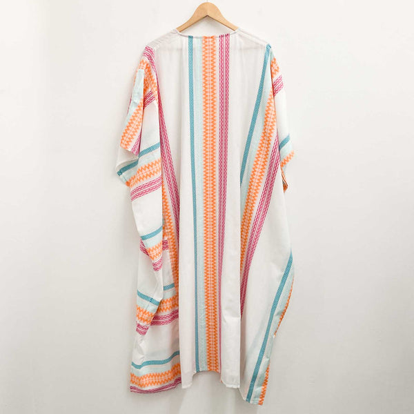 Lily Ella White Multi Patterned Stripe Cotton Kaftan Dress One Size