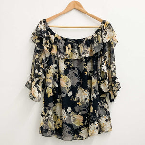 City Chic Black & Yellow Floral Print Off-Shoulder Frill Top UK 18