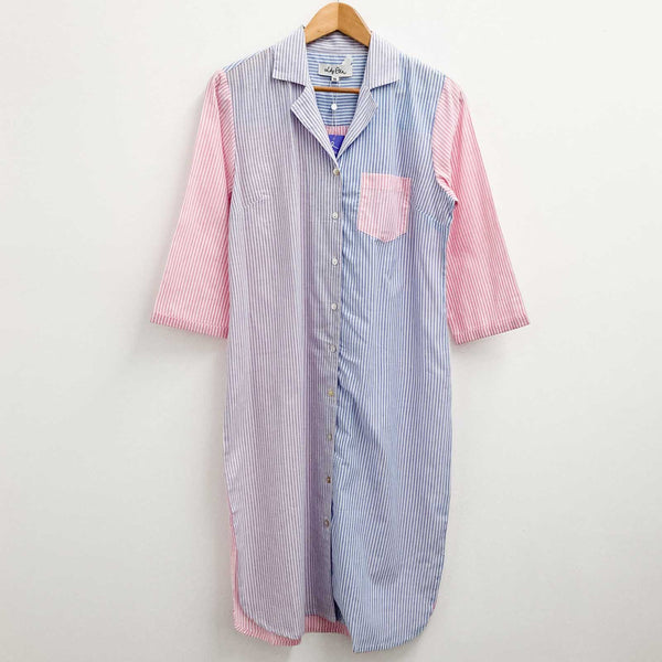 Lily Ella Blue & Pink Striped Cotton Midi Shirt Dress UK 12