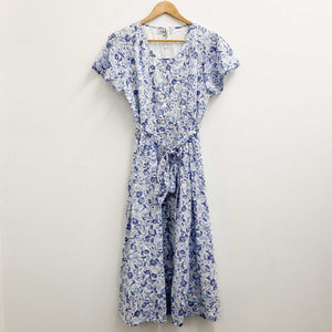 Lily Ella Broderie Anglaise White & Blue Floral Cotton Midi Dress UK 12