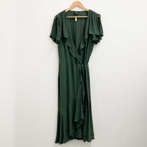 City Chic Dark Green Flutter Sleeve Frilled Maxi Wrap Dress UK 18
