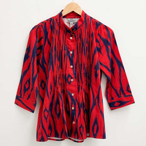 Lily Ella Red & Navy Ikat Print Cotton 3/4 Sleeve Blouse UK 12