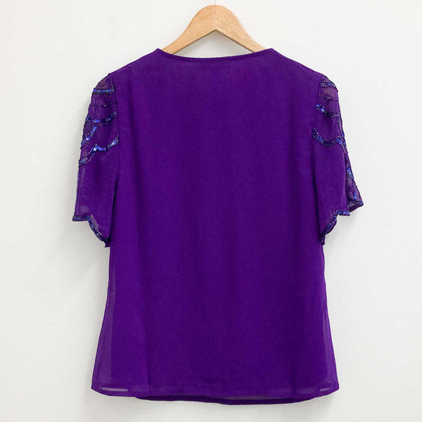Lily Ella Sequin Embellished Purple V-Neck Short Sleeve Top UK 12