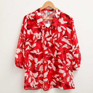 Lily Ella Red Floral Sheer Floaty 3/4 Sleeve Blouse UK 12 