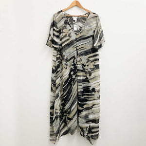 Avenue Beige & Black Print Sheer V-Neck Asymmetrical Maxi Dress UK 20