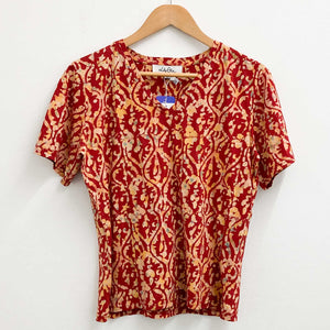 Lily Ella Red & Yellow Batik Print V-Neck Cotton Top UK 12 
