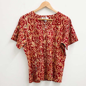 Lily Ella Red Batik Print V-Neck Cotton Top UK 16