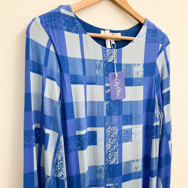 Lily Ella Blue Patchwork Print Stretch Jersey Long Sleeve Midi Dress UK 14 