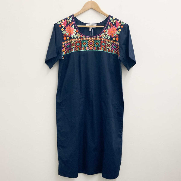 Lily Ella Navy Floral Embroidered Short Sleeve Cotton Dress UK 16