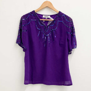 Lily Ella Beaded Embellished Purple V-Neck Short Sleeve Top UK 12