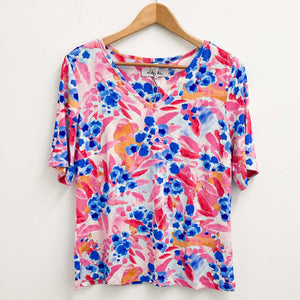 Lily Ella Pink Floral Print V-Neck Short Sleeve Soft Jersey Top UK 14