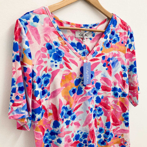 Lily Ella Pink Floral Print V-Neck Short Sleeve Soft Jersey Top UK 14