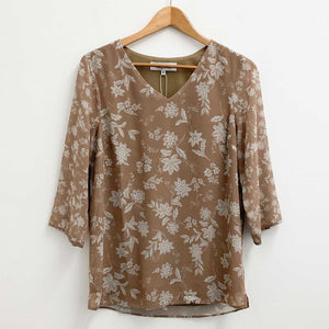 Lily Ella Mocha Brown Floral Print V-Neck 3/4 Sleeve Top UK 10 