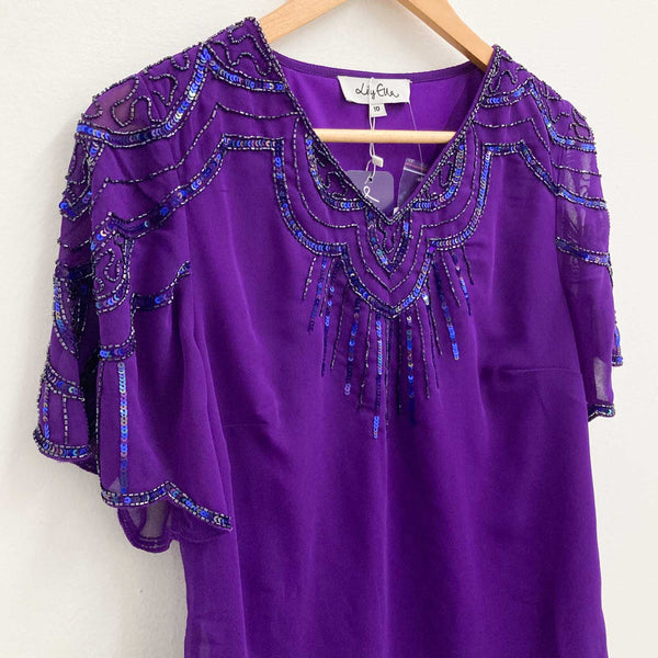 Lily Ella Purple Beaded Embellished Short Sleeve V-Neck Top UK 10