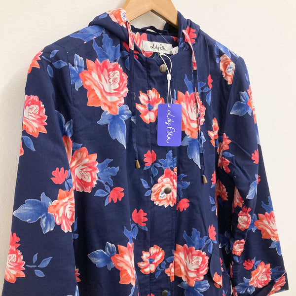 Lily Ella Navy Floral Print Fleece Lined Hooded Longline Jacket UK 12