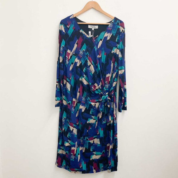 Lily Ella Blue Abstract Print V-Neck Tie Side Stretch Jersey Dress UK 16