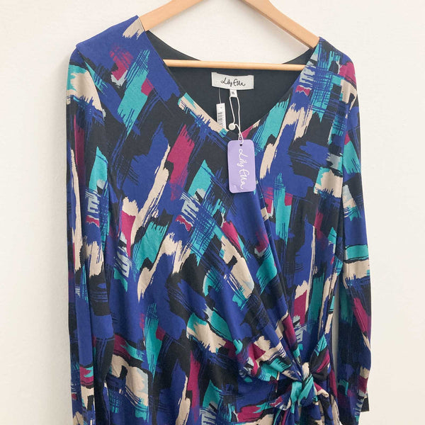 Lily Ella Blue Abstract Print V-Neck Tie Side Stretch Jersey Dress UK 16