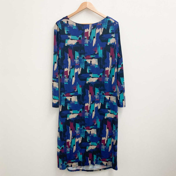 Lily Ella Blue Abstract Print V-Neck Tie Side Stretch Jersey Dress UK 16