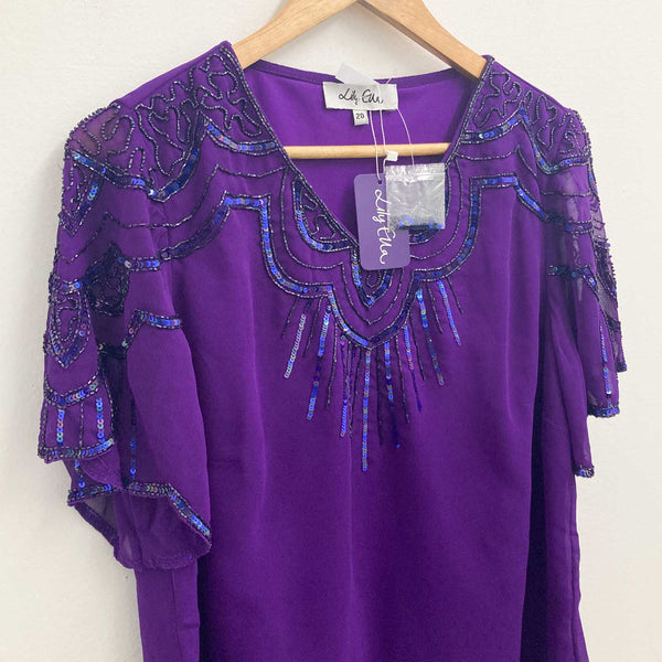 Lily Ella Purple Embellished Beaded Short Sleeve V-Neck Top UK 20 