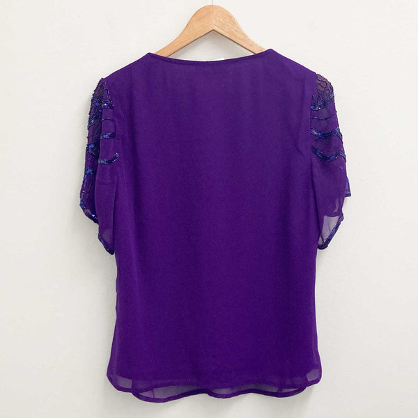 Lily Ella Purple Embellished Beaded Short Sleeve V-Neck Top UK 20 