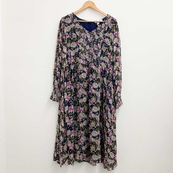 Lily Ella Navy & Purple Floral Print V-Neck Long Sleeve Midi Dress UK 14