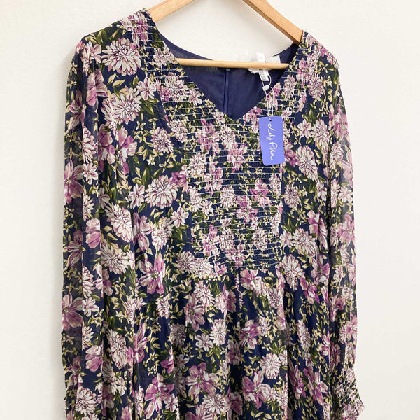 Lily Ella Navy & Purple Floral Print V-Neck Long Sleeve Midi Dress UK 14