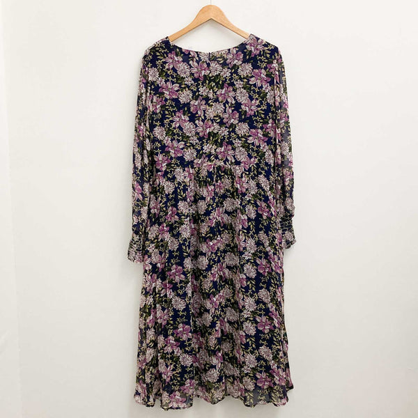 Lily Ella Navy & Purple Floral Print V-Neck Long Sleeve Midi Dress UK 14