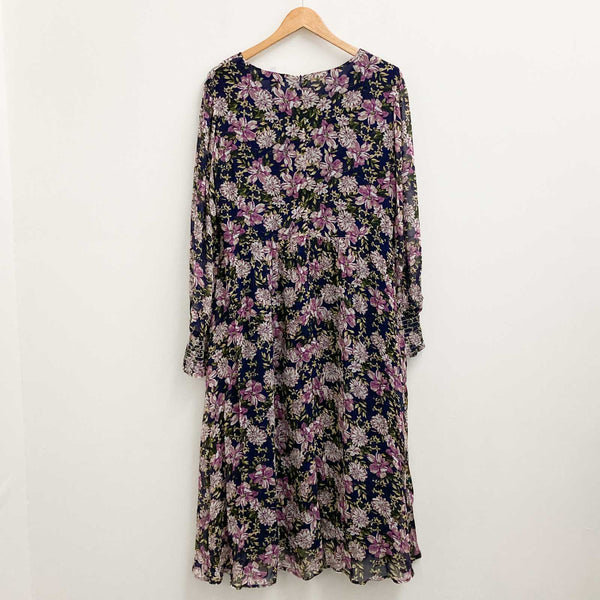 Lily Ella Navy & Purple Floral Print V-Neck Long Sleeve Midi Dress UK 14