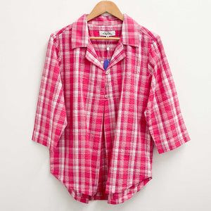 Lily Ella Pink Check Textured Cotton Smock 3/4 Sleeve Blouse UK 18 