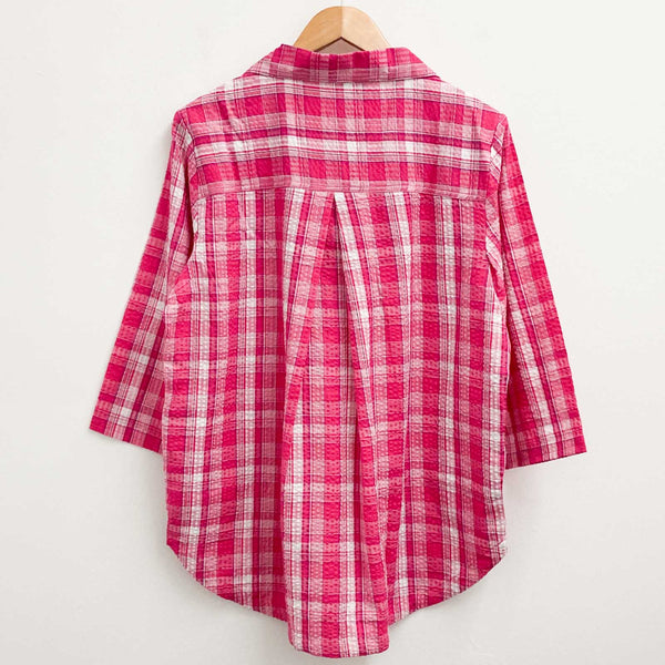 Lily Ella Pink Check Textured Cotton Smock 3/4 Sleeve Blouse UK 18 