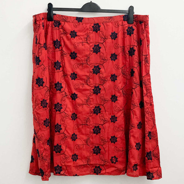 Lila Ella Red & Navy Embroidered Floral Cotton Midi Skirt UK 26