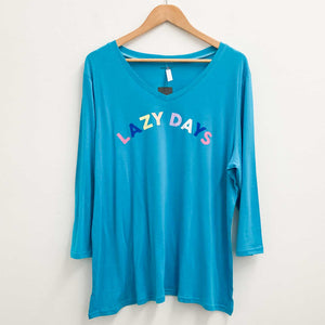 Avenue Blue Cotton Blend V-Neck Lazy Days Slogan Pyjama Top UK 18/20