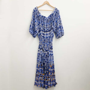 Avenue Blue Geo Print Off-Shoulder Puff Sleeve Maxi Dress UK 22/24