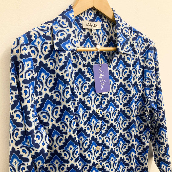 Lily Ella Blue & White Print Collared V-Neck 3/4 Sleeve Cotton Blouse UK 10